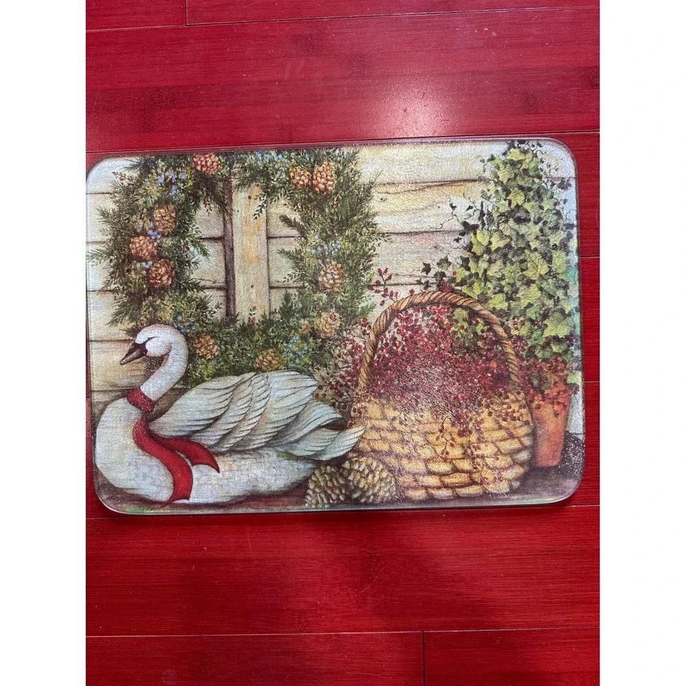 Holiday Swan Glass Cutting Board Rustic Winter Wreath Berry Basket 15x11.5